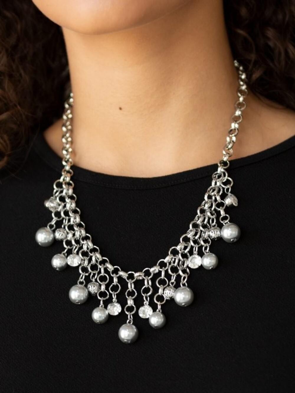 Heir Headed Silver Bubble Beaded Necklace And Earring Set Paparazzi